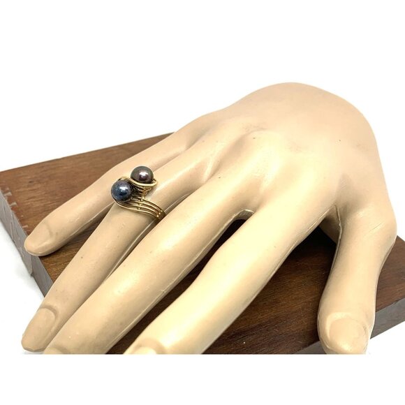 Black Purple Pearl Cocktail Ring 14k Yellow Gold Estate Jewelry Women's Size 6.5 - Picture 12 of 15